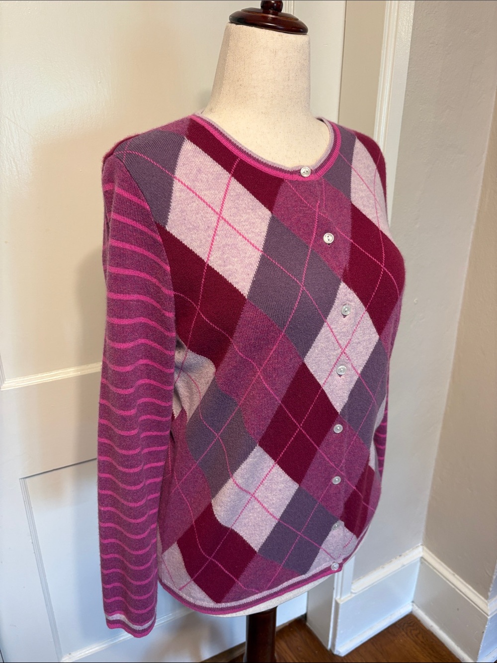 Lands' End Argyle Button-Front Cardigan in Pink and Purple - Picture 2 of 5
